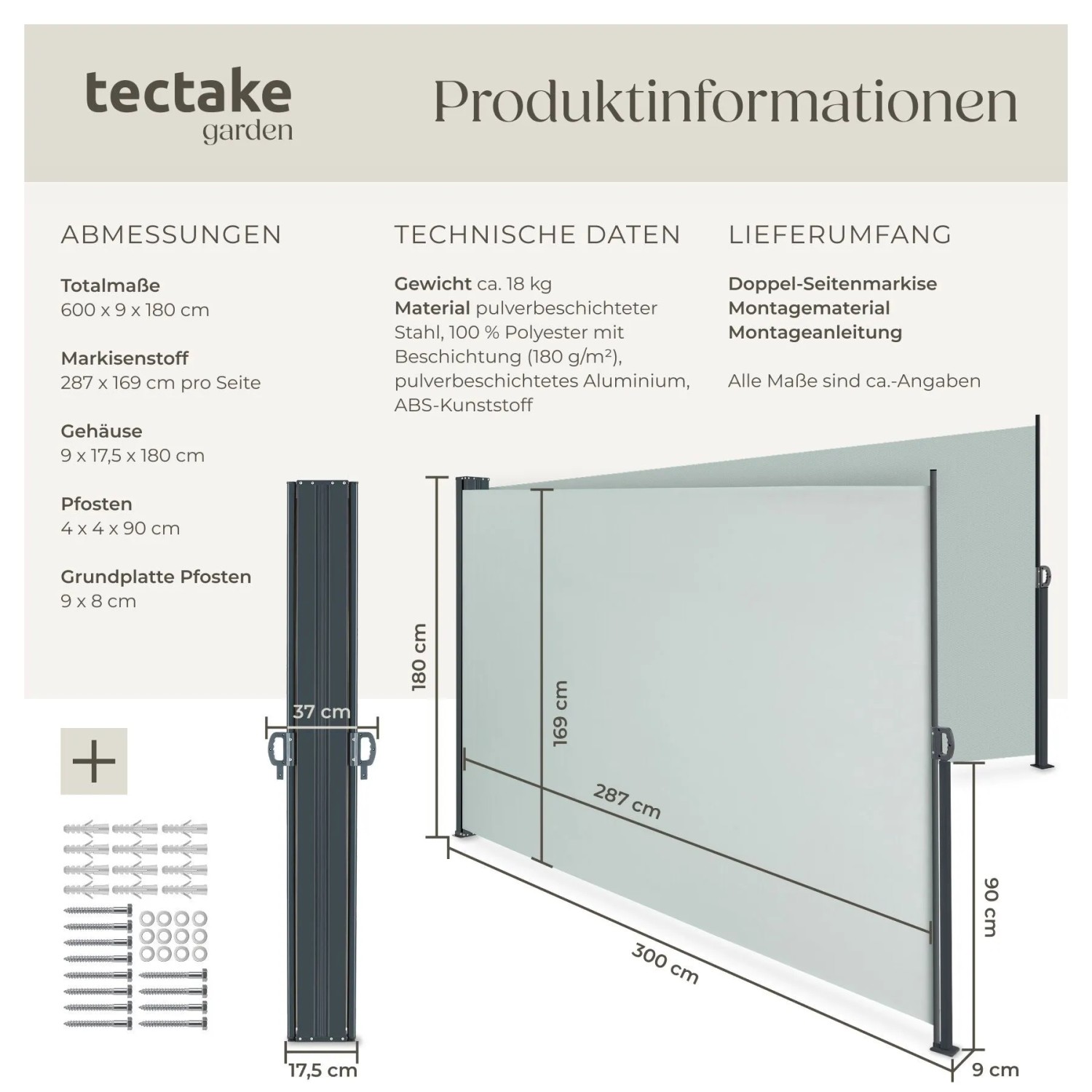 Graue Tectake Doppel-Seitenmarkise, 180x600 cm, ausziehbar, als wetterfester Sicht- und Windschutz. Ideal für Terrasse.