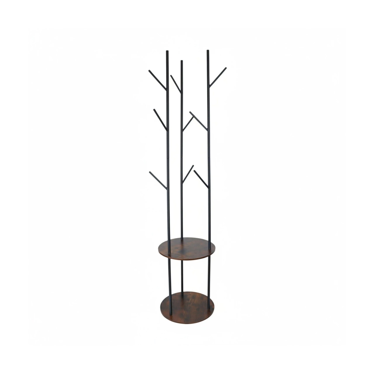 Relaxdays Garderobenständer Metall und MDF Schwarz Dunkelbraun Freistehend mit 8 Haken und 2 Ablagen 175 cm x 40 cm 3,6 kg