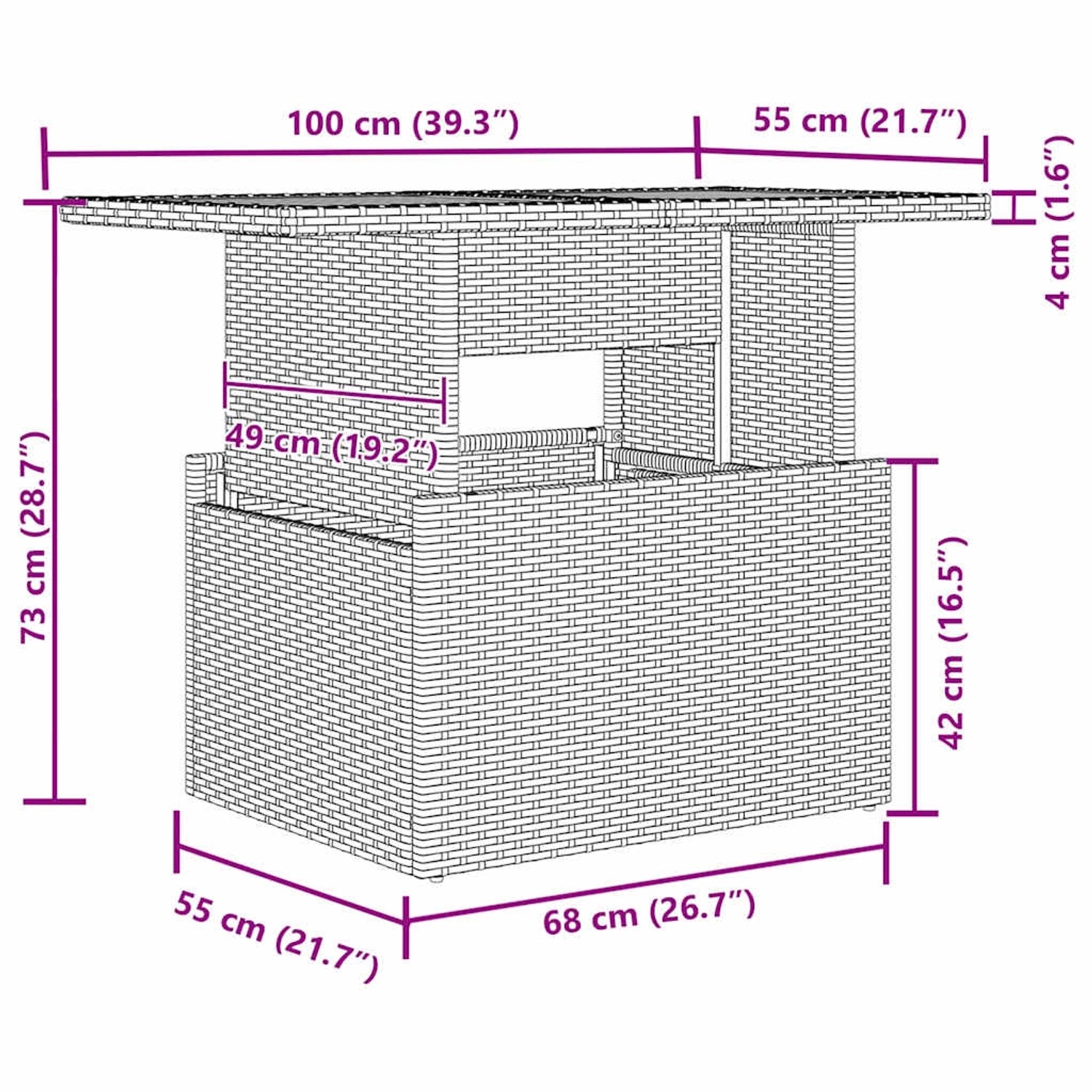 Skizze des grauen vidaXL Garten-Sofa-Sets aus Polyrattan mit Maßen.