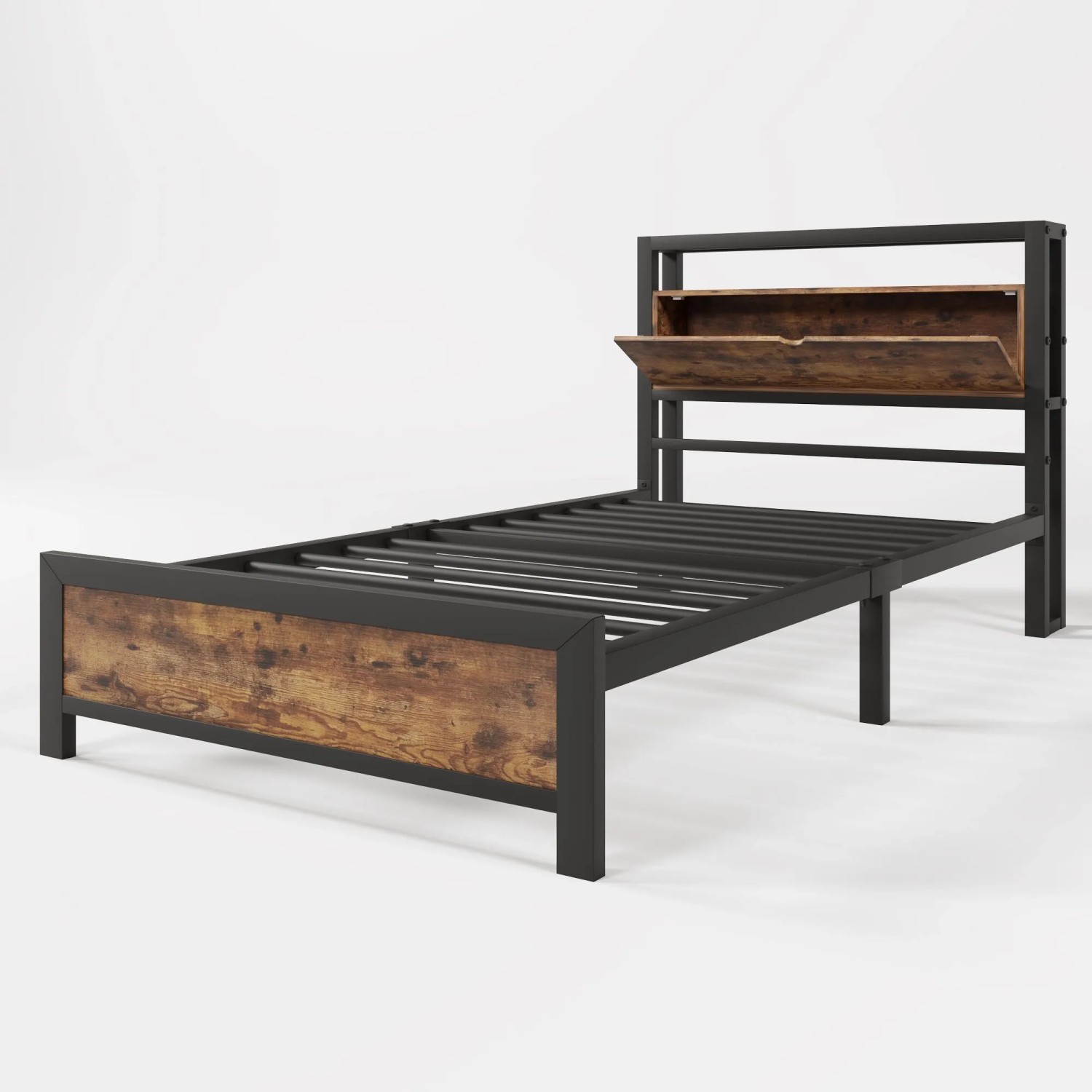 okwish Metallbett 90×200 Jugendbetten mit Stauraum-Kopfteil und Metall Lattenrost ohne Matratze