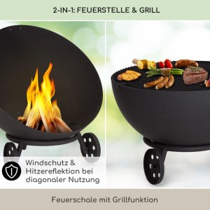 Blumfeldt Fireball Egon Feuerschale mit Grillrost, schwarz, Ø 66 cm. Feuerstelle und Grill in einem.