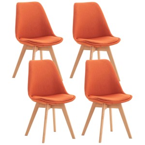 4er Set Esszimmerstuhl Linares: orange Stoffstühle mit gepolsterter Sitzfläche und Holzgestell.