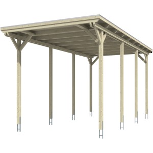 Skan Holz Carport Emsland Caravan, Eiche hell, mit flachem Dach und acht Pfosten.