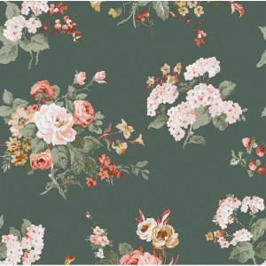 Laura Ashley Vliestapete Rosemore Fern mit Rosen, Hortensien und Erdbeeren auf dunklem Grund.