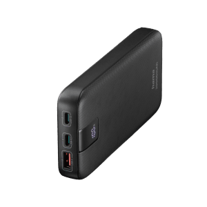 Anthrazitfarbene Hama Powerbank mit USB-C/USB-A Anschlüssen und 20.000mAh Kapazität.