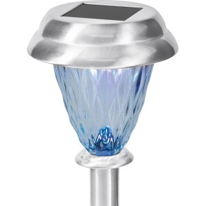 LED-Solarspieß aus Edelstahl mit blauem Glas, geeignet für Garten und Gehwege.