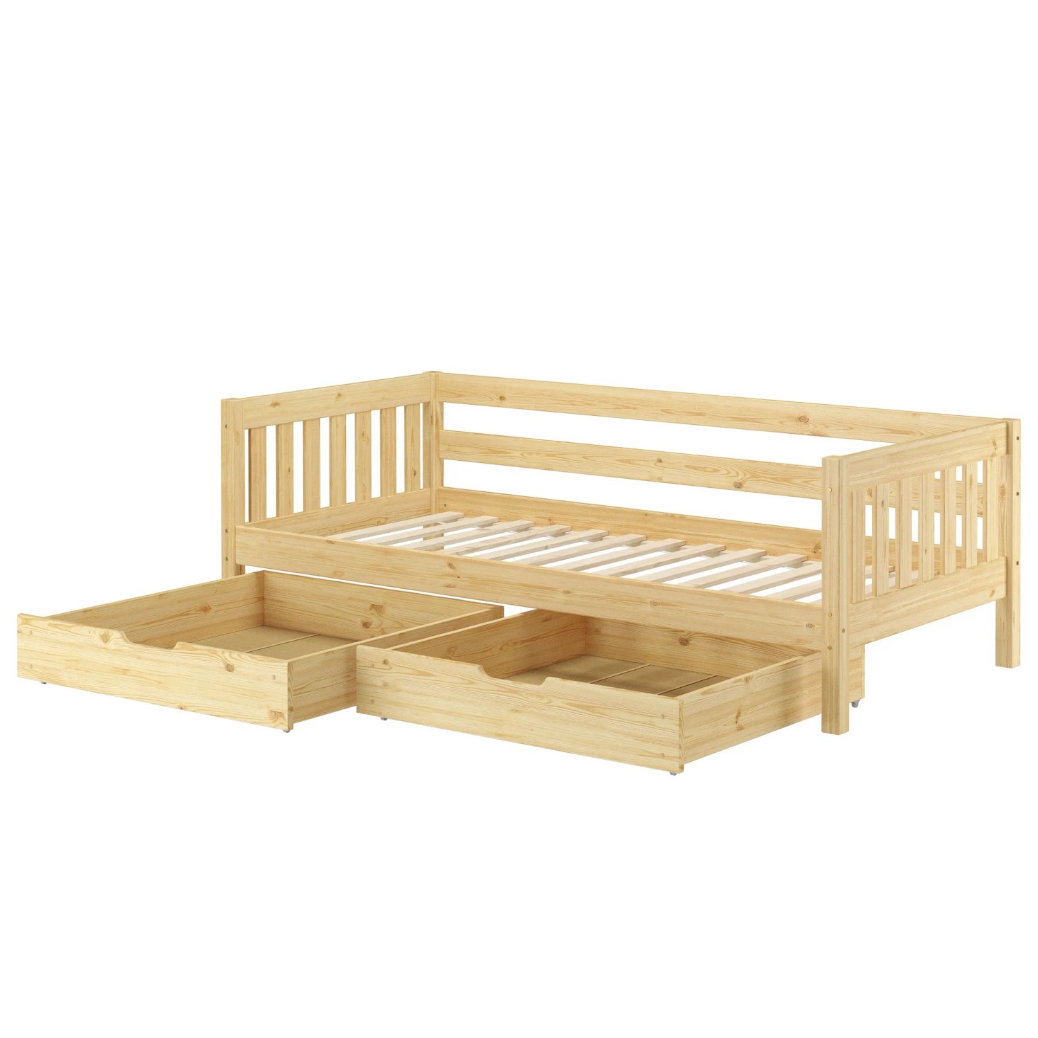 Erst-Holz Gemütliches Kinderbett mit Dreiseitiger Sicherung 90 x 200 cm Kiefer Modell 29 Rollrost und Doppelbettkasten inkl.