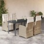 5-teilige Garten Essgruppe aus Rattan mit Kissen in Beige. Gartenmöbel Set mit Tisch und verstellbaren Stühlen.