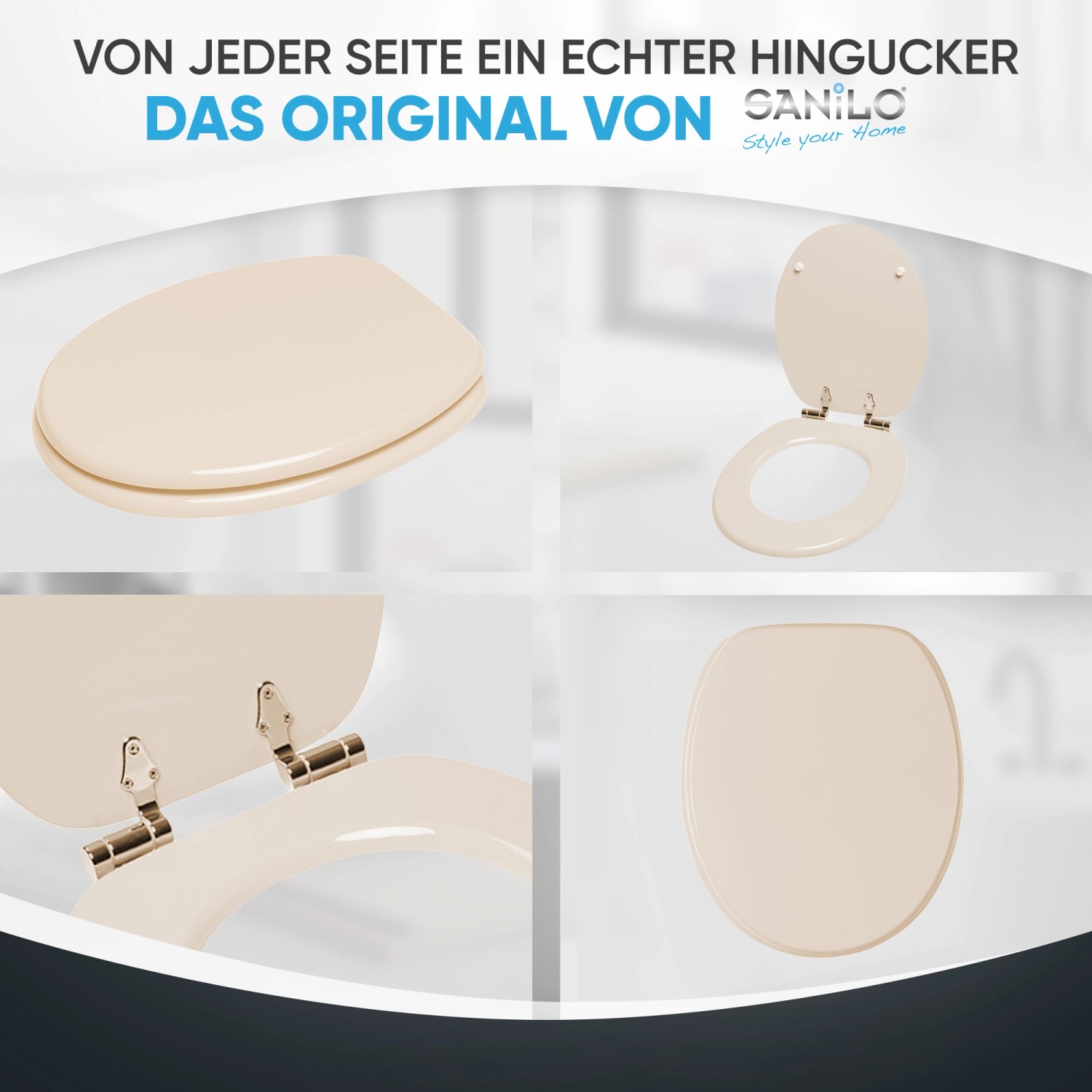 Sanilo WC-Sitz Bahamabeige aus Holz mit Absenkautomatik, verschiedene Ansichten.