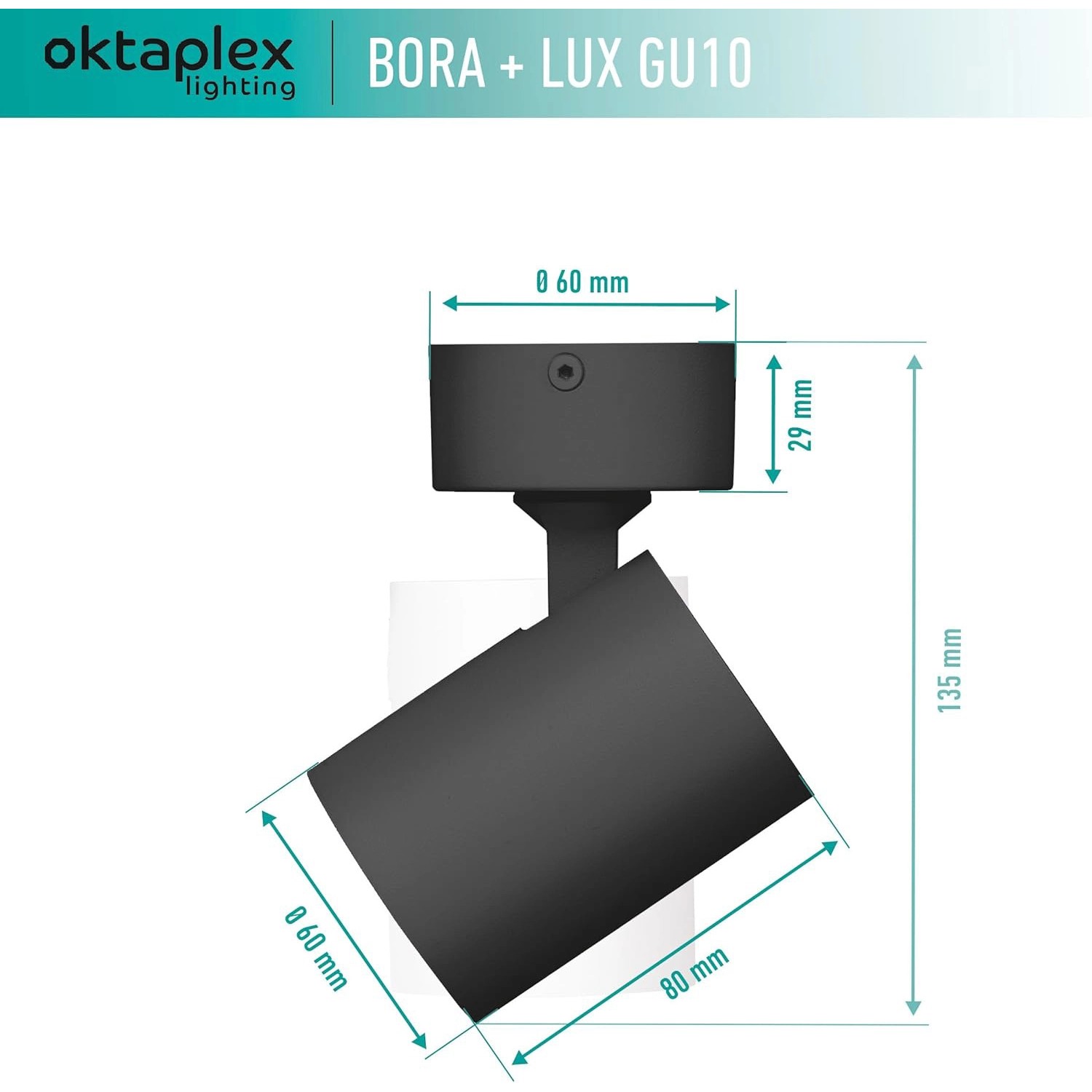 Schwarze Oktaplex Bora Deckenleuchte mit GU10 Leuchtmittel, schwenkbar, aus Aluminium.