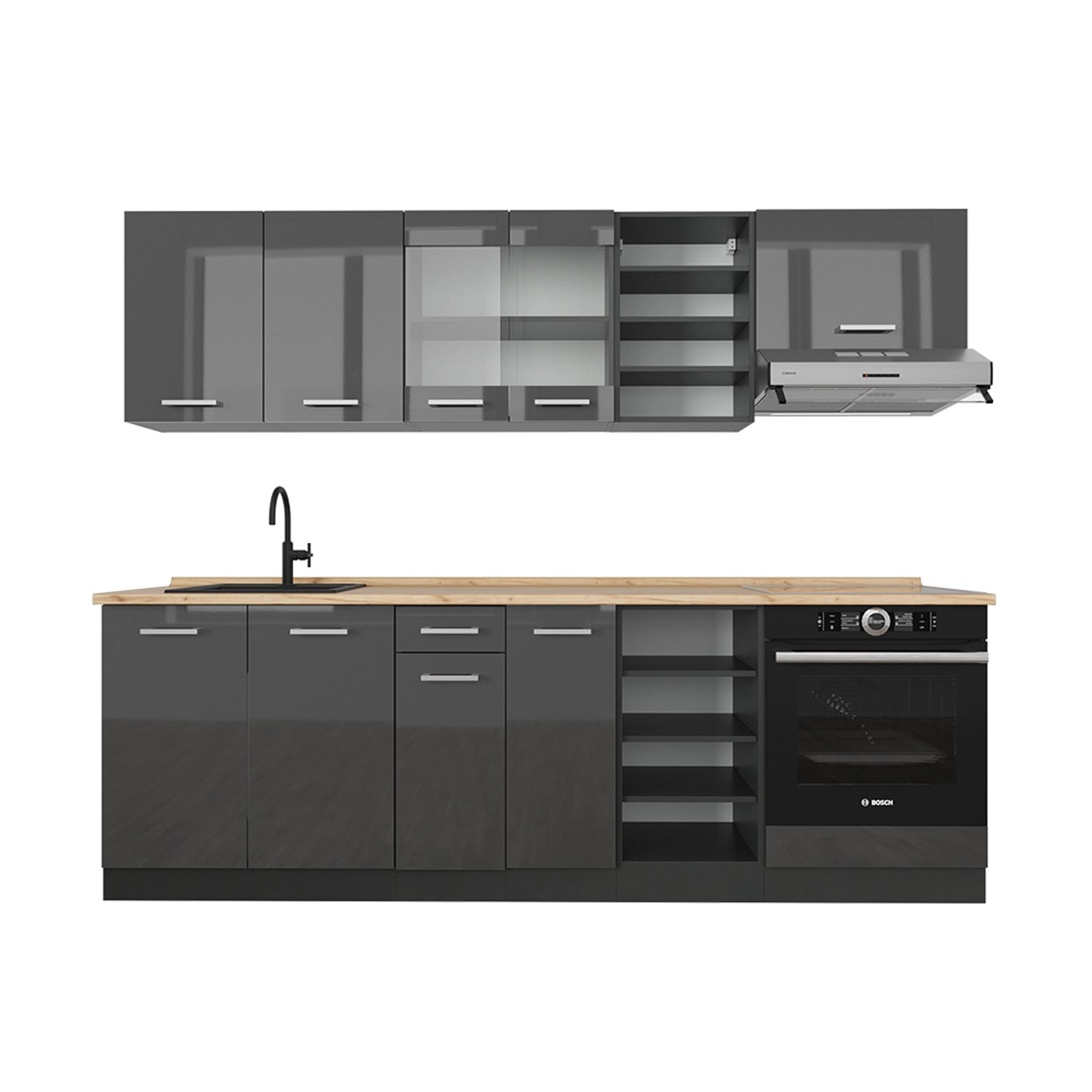 Vicco R-Line Küchenzeile Anthrazit Hochglanz/Anthrazit 240 cm AP Eiche günstig online kaufen