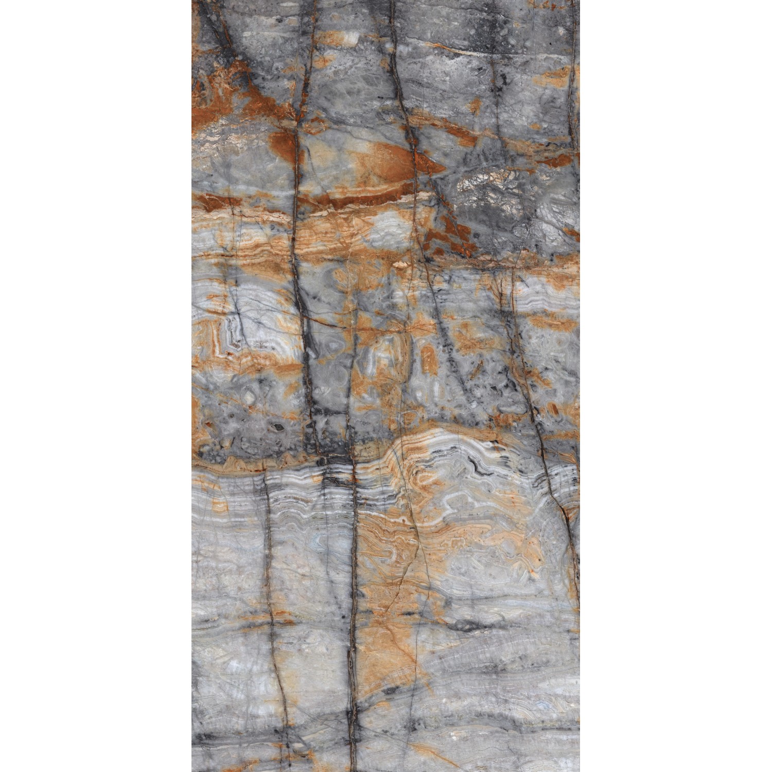 Feinsteinzeug Bodenfliese, 60x120 cm, polierte Steinoptik in Grau-Braun für Innenräume.