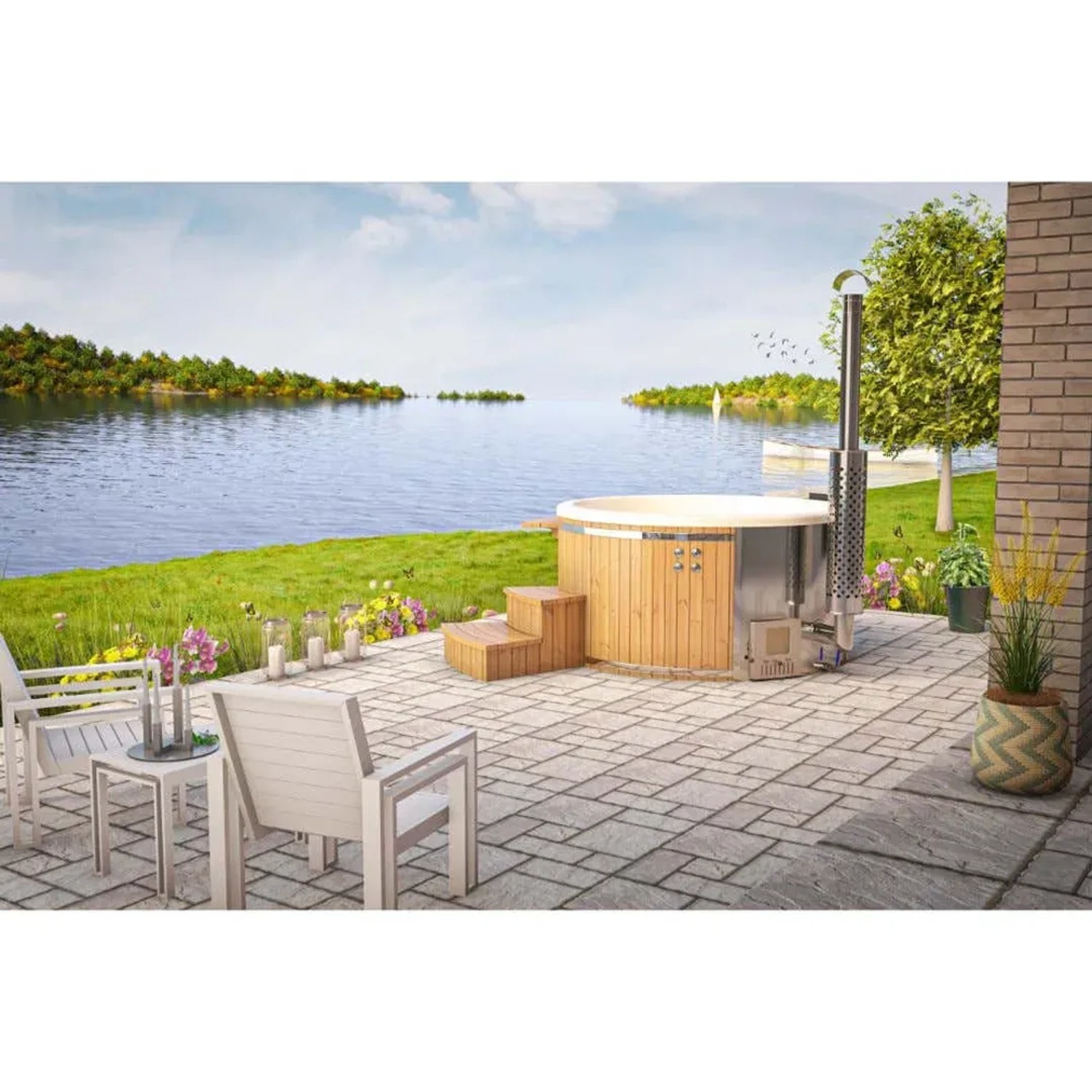 Finntherm Hot Tub Stockholm Spa Edition: Holzpool mit Thermoholz-Verkleidung und Außentreppe.
