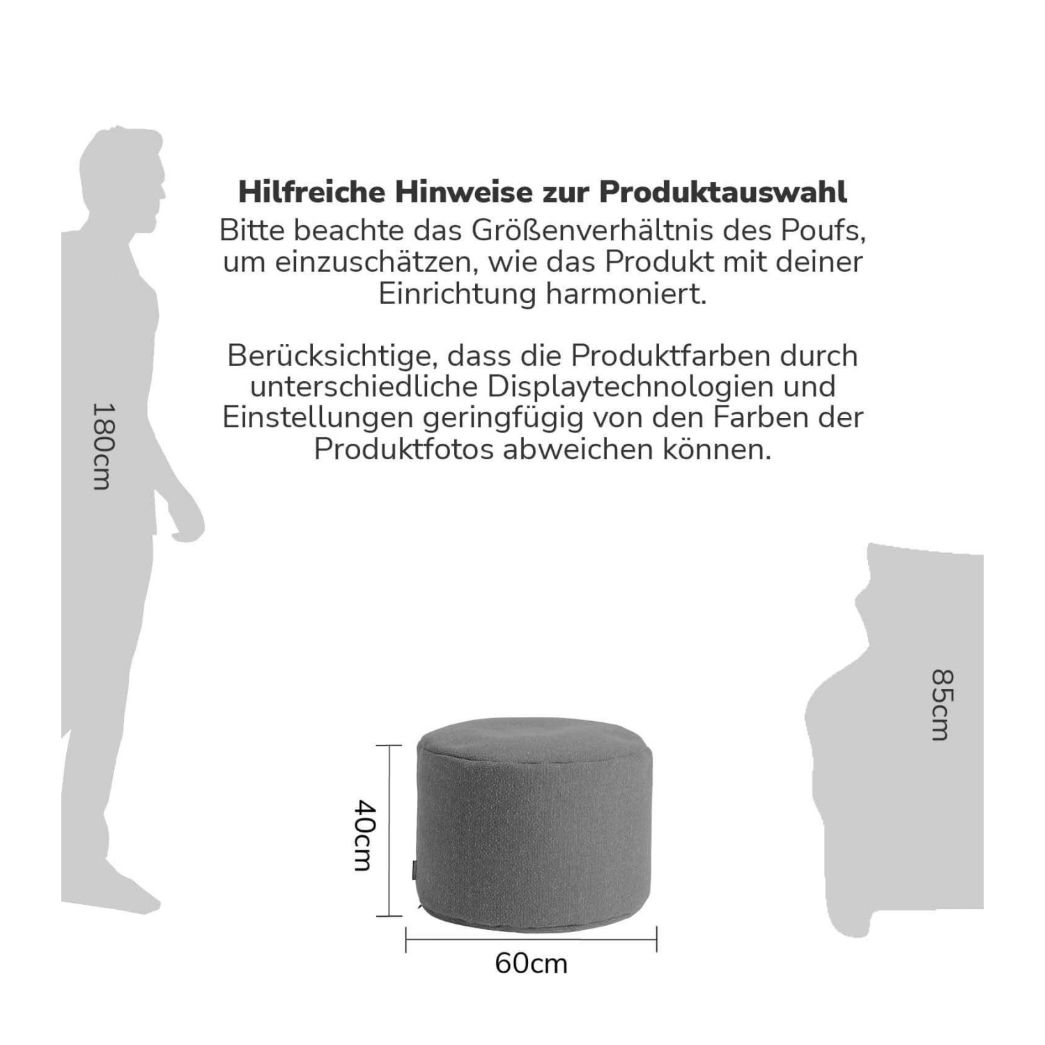 Grauer mokebo Pouf Hocker 'Ruhepouf' mit Größenangaben (Höhe 40cm, Durchmesser 60cm) zur besseren Vorstellung.