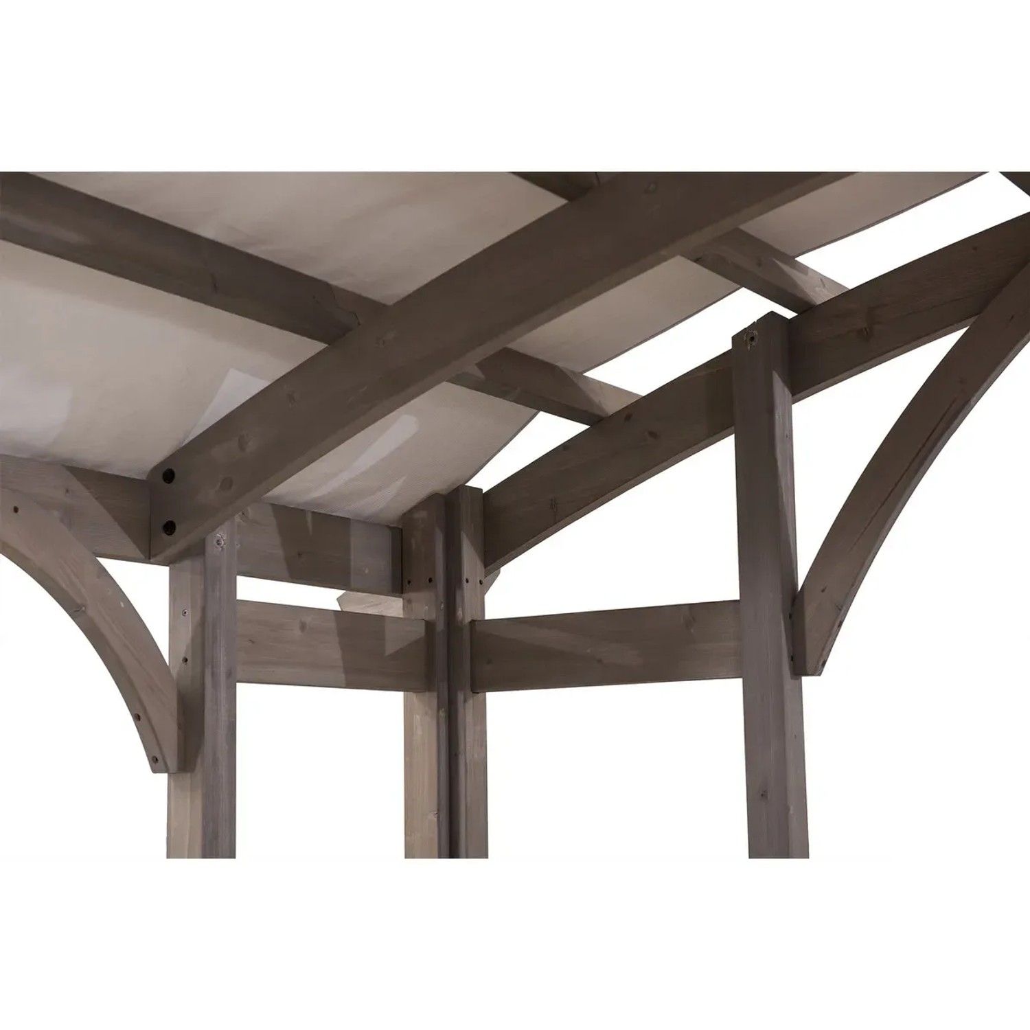 Detailansicht der Sunjoy Pergola Dajti aus Zedernholz mit grauem Stoffdach.