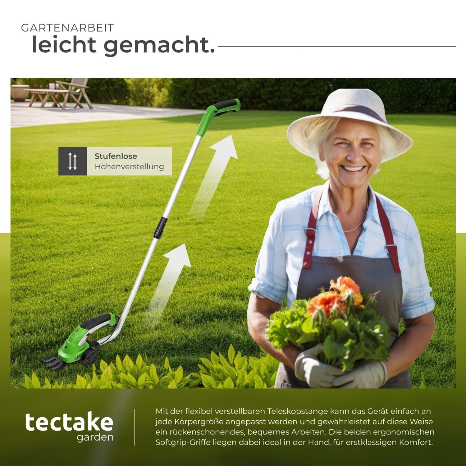 Grüne Tectake Akku Heckenschere 7,2V mit 2 Aufsätzen für Gras & Hecken. Höhenverstellbare Teleskopstange im Garten.
