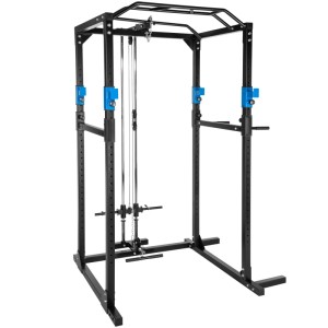 Tectake Power Rack mit Latzug, Klimmzugstange und Dip Station in Schwarz und Blau.