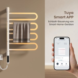 Weißer Emke elektrischer Handtuchtrockner mit LED Display und App-Steuerung. Ein Handtuch hängt auf den Heizstangen.