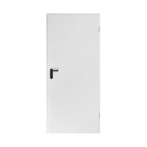 Weiße ZK-Tür mit Eckzarge, 875x1875x55 mm, DIN Rechts, mit schwarzem Türgriff.