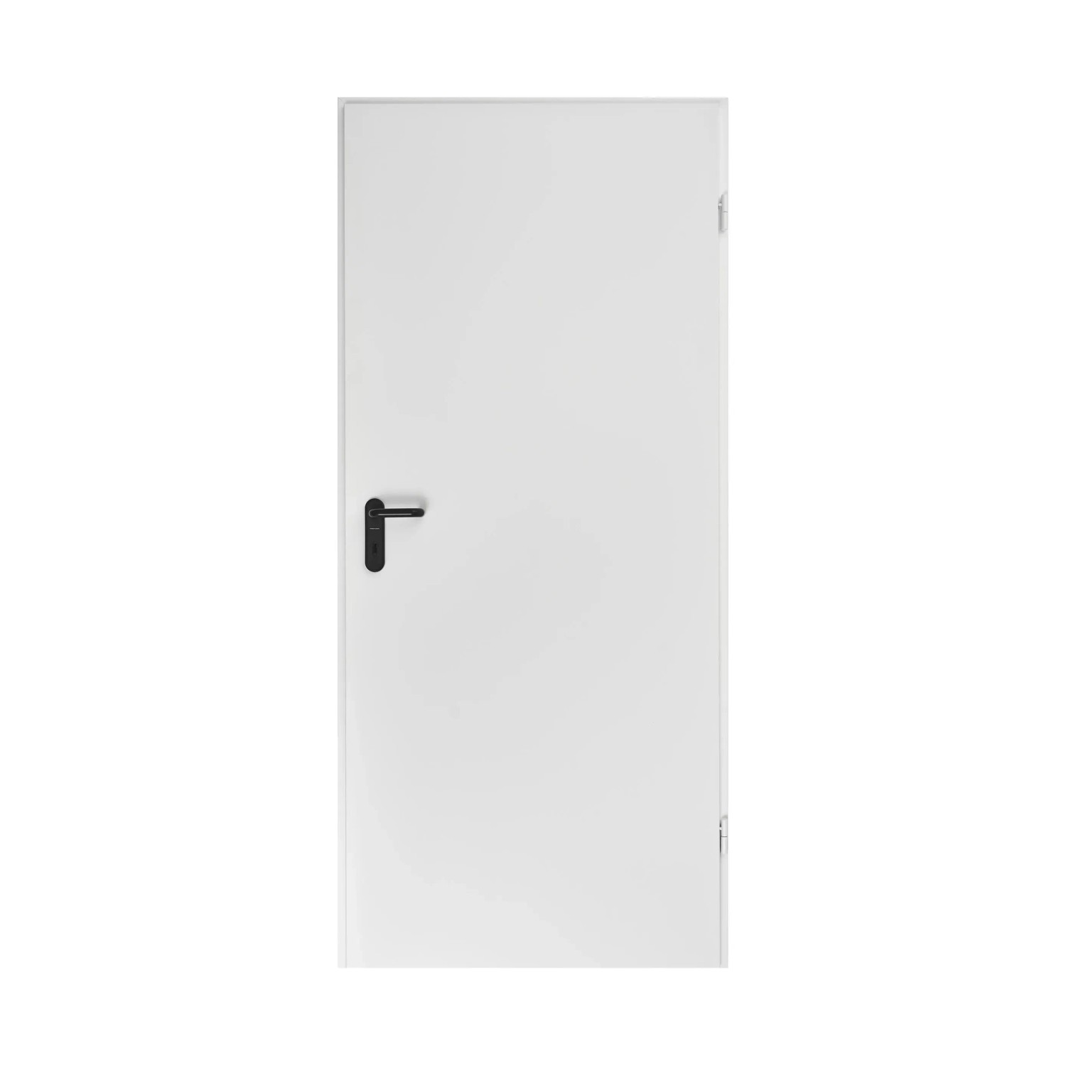 Weiße ZK-Tür mit Eckzarge, 875x1875x55 mm, DIN Rechts, mit schwarzem Türgriff.