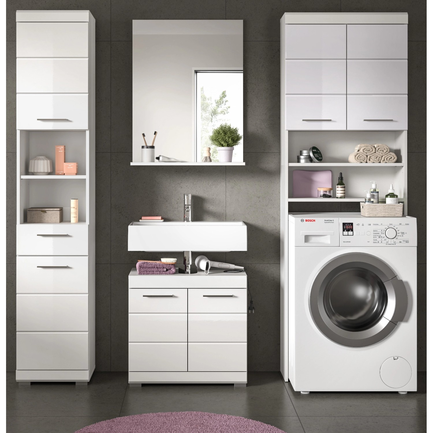 Inn.Furn Badmöbel Set in Weiß Hochglanz 4-teilig 190 cm Shawn günstig online kaufen