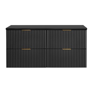 Schwarzer, wandhängender Waschbeckenunterschrank Zevara 120 cm mit geriffelter Oberfläche und goldenen Griffen im Art Déco Stil.