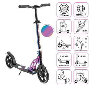 Six Degrees Aluminium Scooter, Neochrome, mit Klappmechanismus und Ständer. Höhenverstellbarer Tretroller.