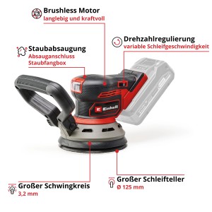 Einhell Akku-Exzenterschleifer TP-RS 18/32 Li BL-Solo: Roter Akku-Schleifer mit Staubabsaugung und Zusatzhandgriff.