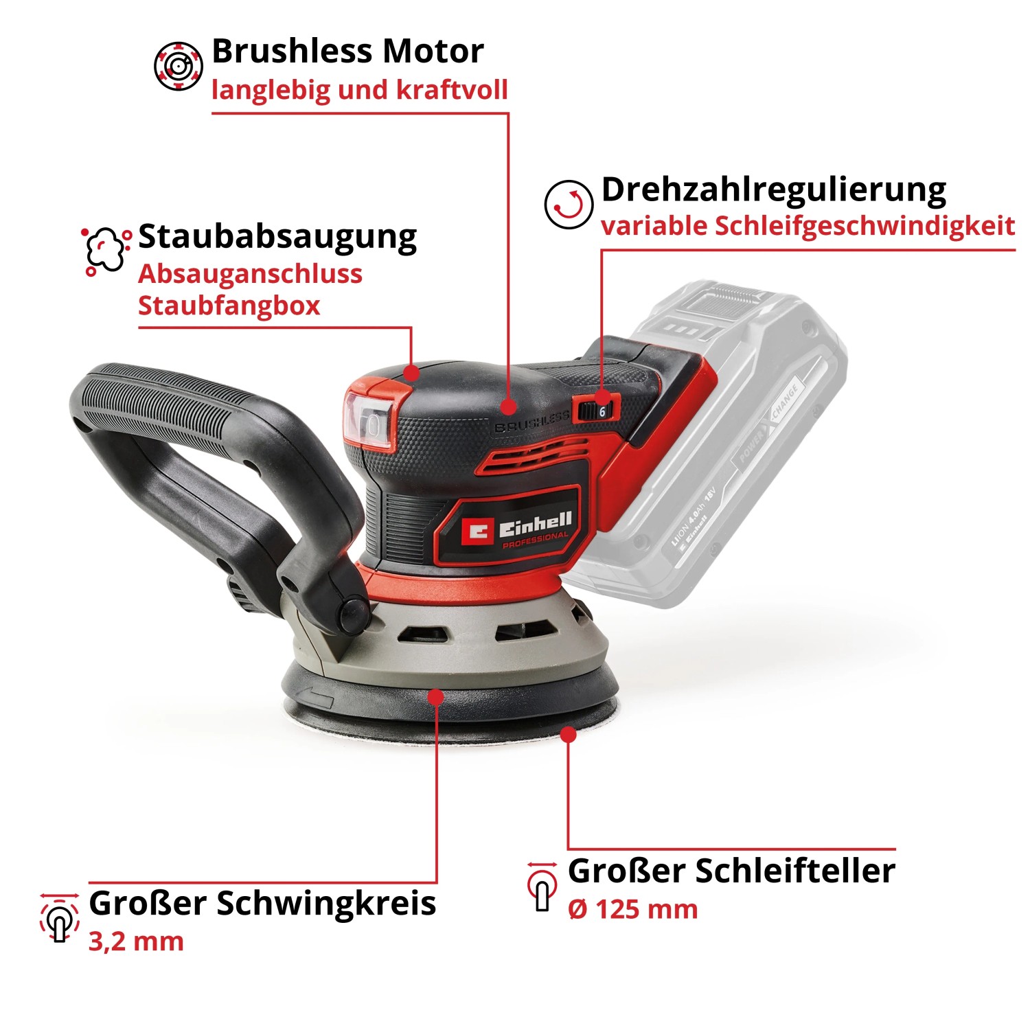 Einhell Akku-Exzenterschleifer TP-RS 18/32 Li BL-Solo: Roter Akku-Schleifer mit Staubabsaugung und Zusatzhandgriff.
