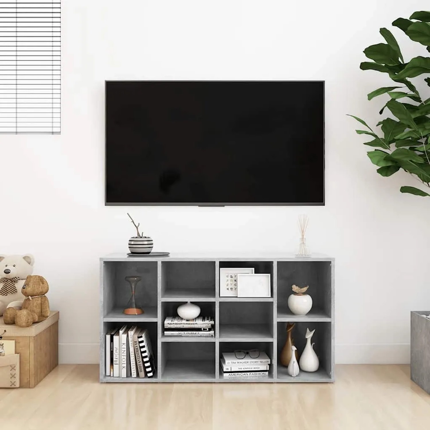 vidaXL Schuhbank Betongrau aus Holzwerkstoff mit 10 Fächern, als TV-Schrank genutzt, im Wohnzimmer.