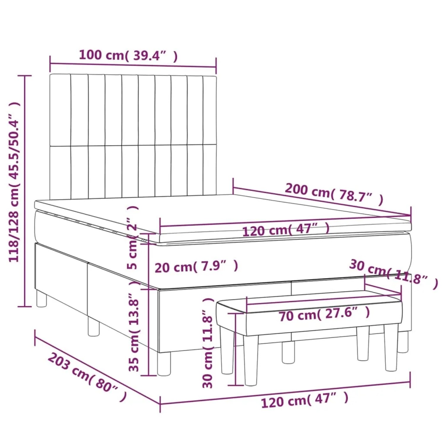vidaXL Boxspringbett Creme 120x200 cm mit Matratze und Bank, Maße eingezeichnet.