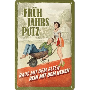 Nostalgic-Art Blechschild „Frühjahrsputz“ (20x30 cm): Mann in Schubkarre, Frau zieht. Retro Deko für Heim & Garten.