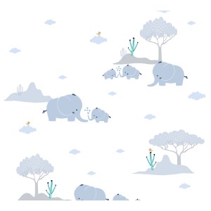 Vliestapete mit blauen Elefanten, Bäumen und Wolken für das Kinderzimmer.