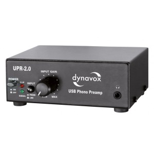 Schwarzer Dynavox UPR-2.0 USB Phono-Vorverstärker für Schallplattenwiedergabe.