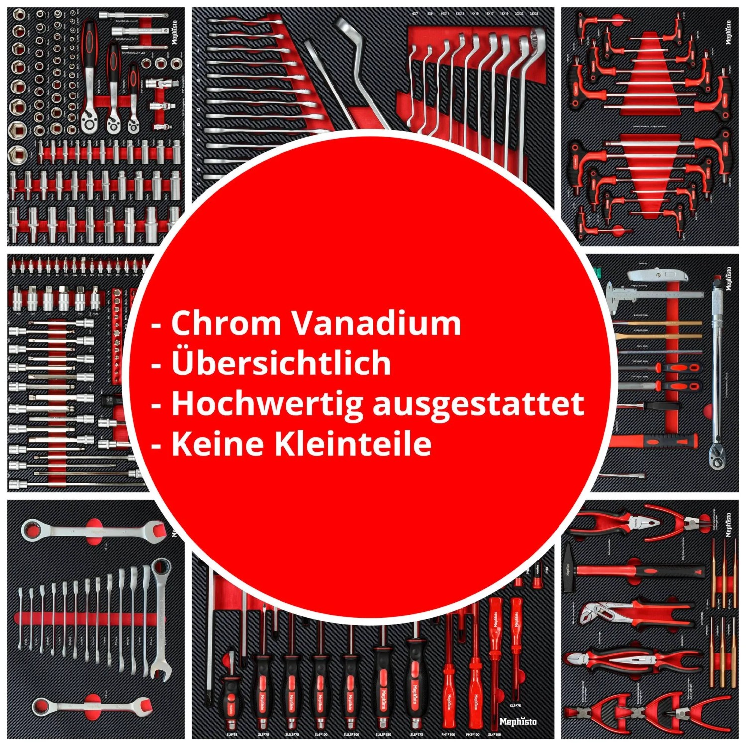 Mephisto XXL Werkzeugwagen mit Werkzeugsortiment, inklusive Ringschlüssel-Set in befüllten Schubladen.