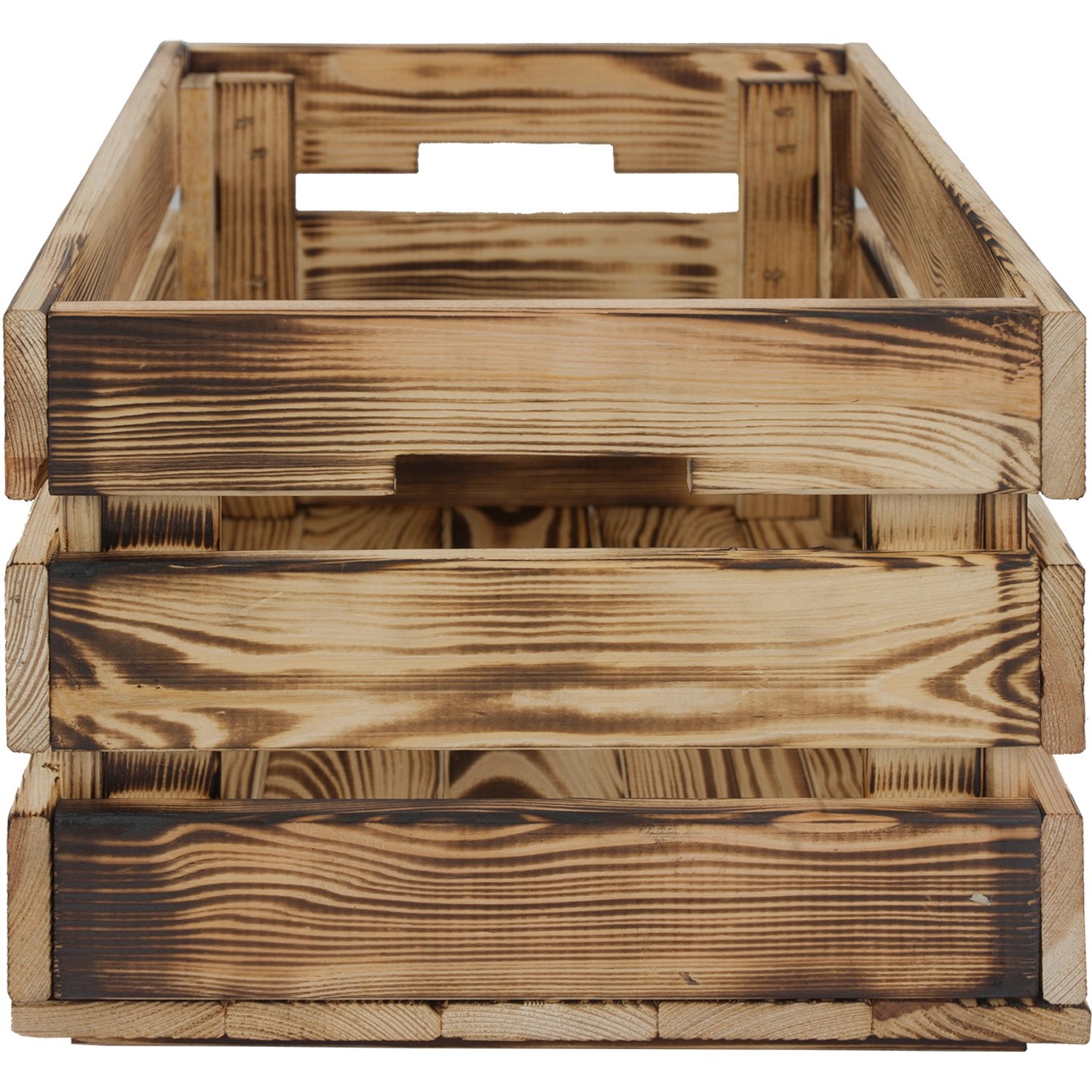 Geflammte Holzkiste L aus Kiefernholz, 23,9x39x29,2 cm, mit Tragegriffen. Ideal zur Aufbewahrung.