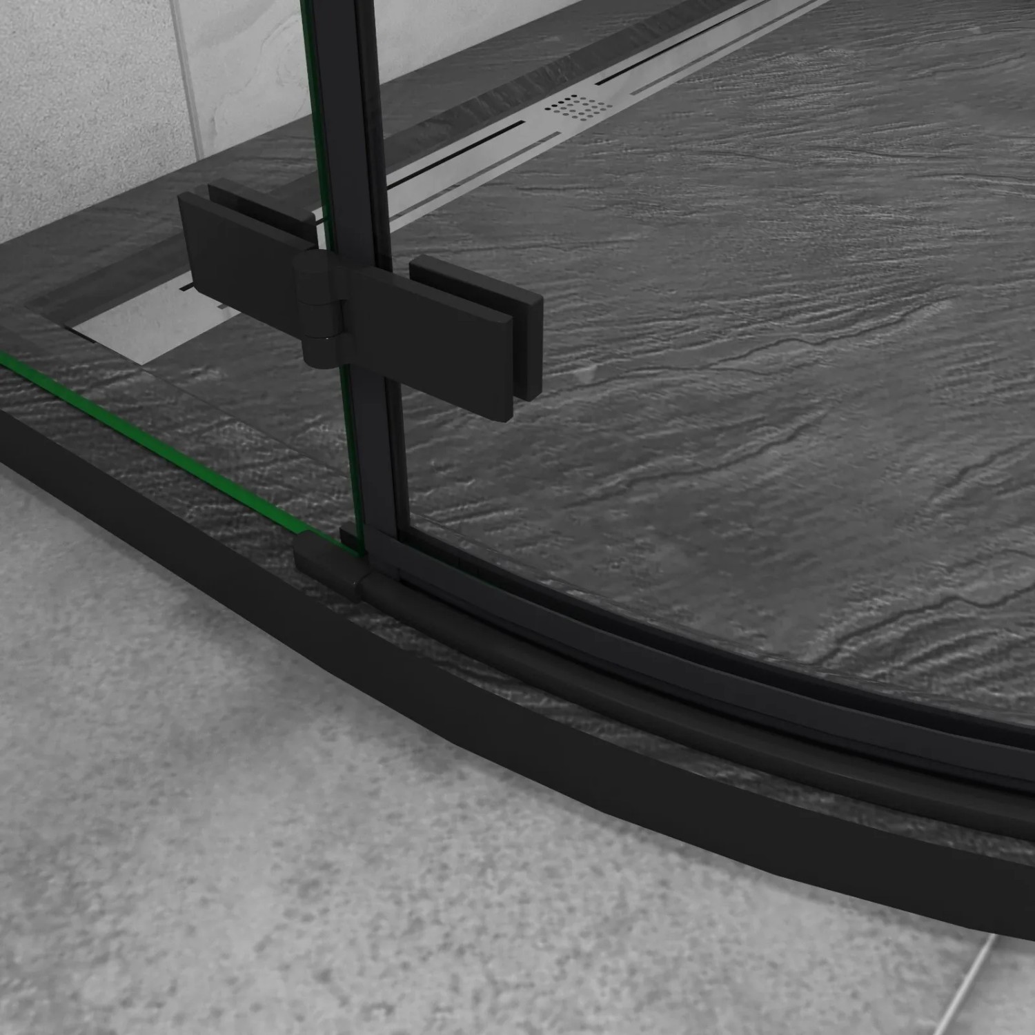 Detailaufnahme: Schwarze AICA Runddusche, Viertelkreis Duschkabine mit Sicherheitsglas.