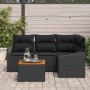 Schwarzes 5-teiliges Garten-Sofa-Set aus Poly Rattan mit Kissen und Tisch.