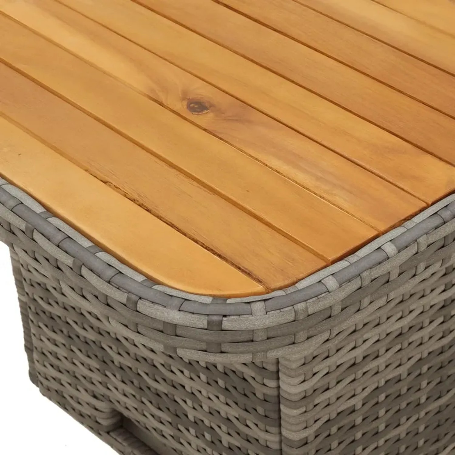 Detailansicht Gartentisch der vidaXL 5-tlg. Garten-Essgruppe mit Akazienholzplatte und grauem Polyrattan.