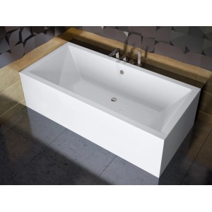 Weiße rechteckige Acryl-Badewanne 170x75 cm mit Acrylschürze und Ablauf. Ideal für Ihr modernes Bad.