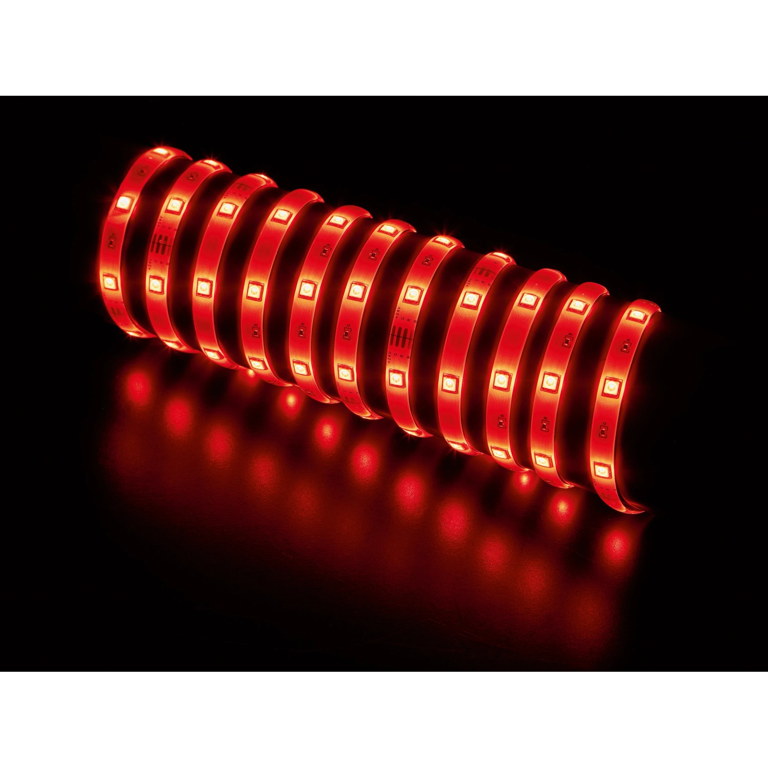 Aufgerolltes LED-Flexband RGB, 5 m, rot leuchtend. LED-Streifen mit Fernbedienung.