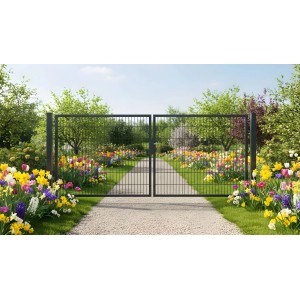 Anthrazitfarbenes GEWA Gartentor Classic Doppeltor (4m breit) mit Doppelstabmattenzaun und Pfosten.