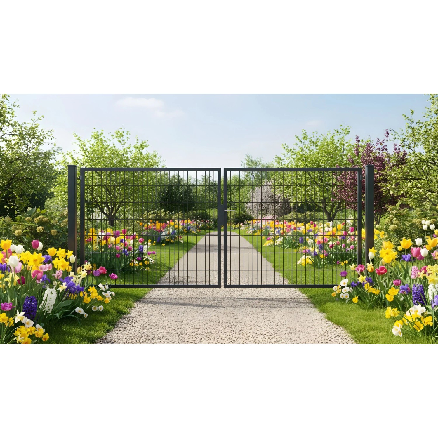 Anthrazitfarbenes GEWA Gartentor Classic Doppeltor (4m breit) mit Doppelstabmattenzaun und Pfosten.
