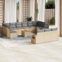 Beige vidaXL Garten-Sofagarnitur (14-tlg) aus Poly Rattan mit grauen Kissen, U-Form.