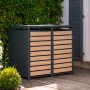 Westmann Mülltonnenbox für 2 Tonnen (240 l) in Holzoptik vor Hauswand mit Pflanzen.