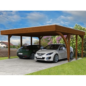 Skan Holz Carport Friesland Set Nussbaum, Doppelcarport mit zwei parkenden Autos.