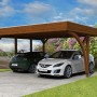Skan Holz Carport Friesland Set Nussbaum, Doppelcarport mit zwei parkenden Autos.