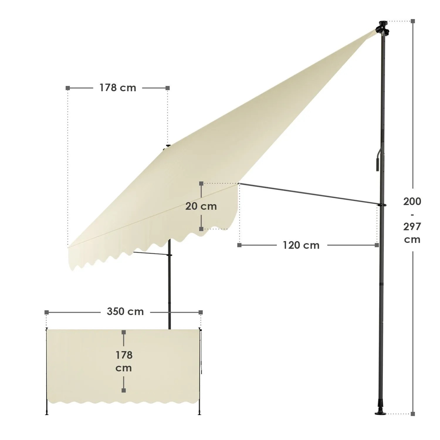 Technische Zeichnung der beigen Juskys Klemmmarkise Kapstadt 350x120 cm mit Maßangaben.
