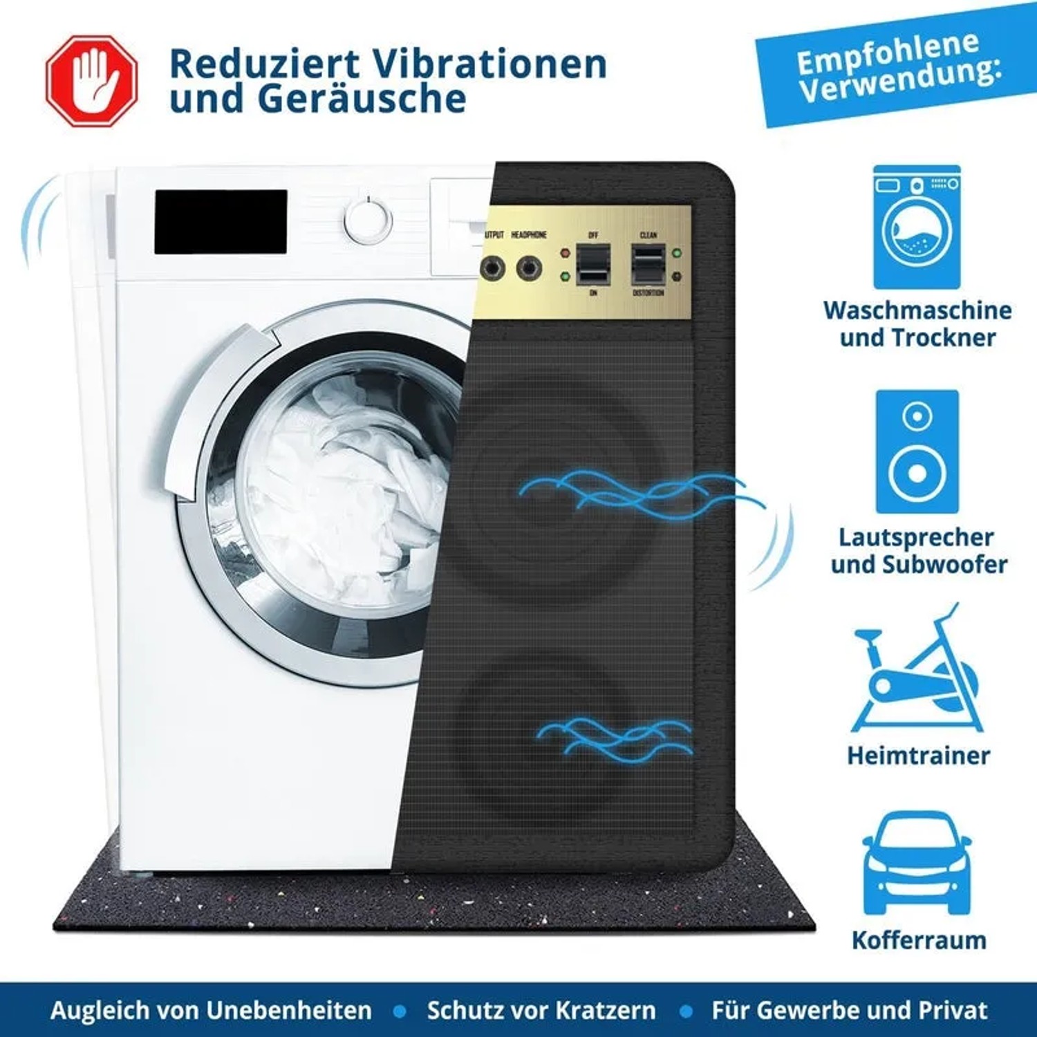 KARAT Antivibrationsmatte unter Waschmaschine und Lautsprecher zur Schallreduzierung.