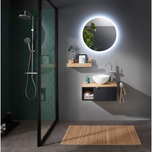 Pelipal Badmöbel-Set Serie 6915, Schwarz Matt/Halifax Eiche, mit Aufsatzbecken und LED-Spiegel (70 cm).